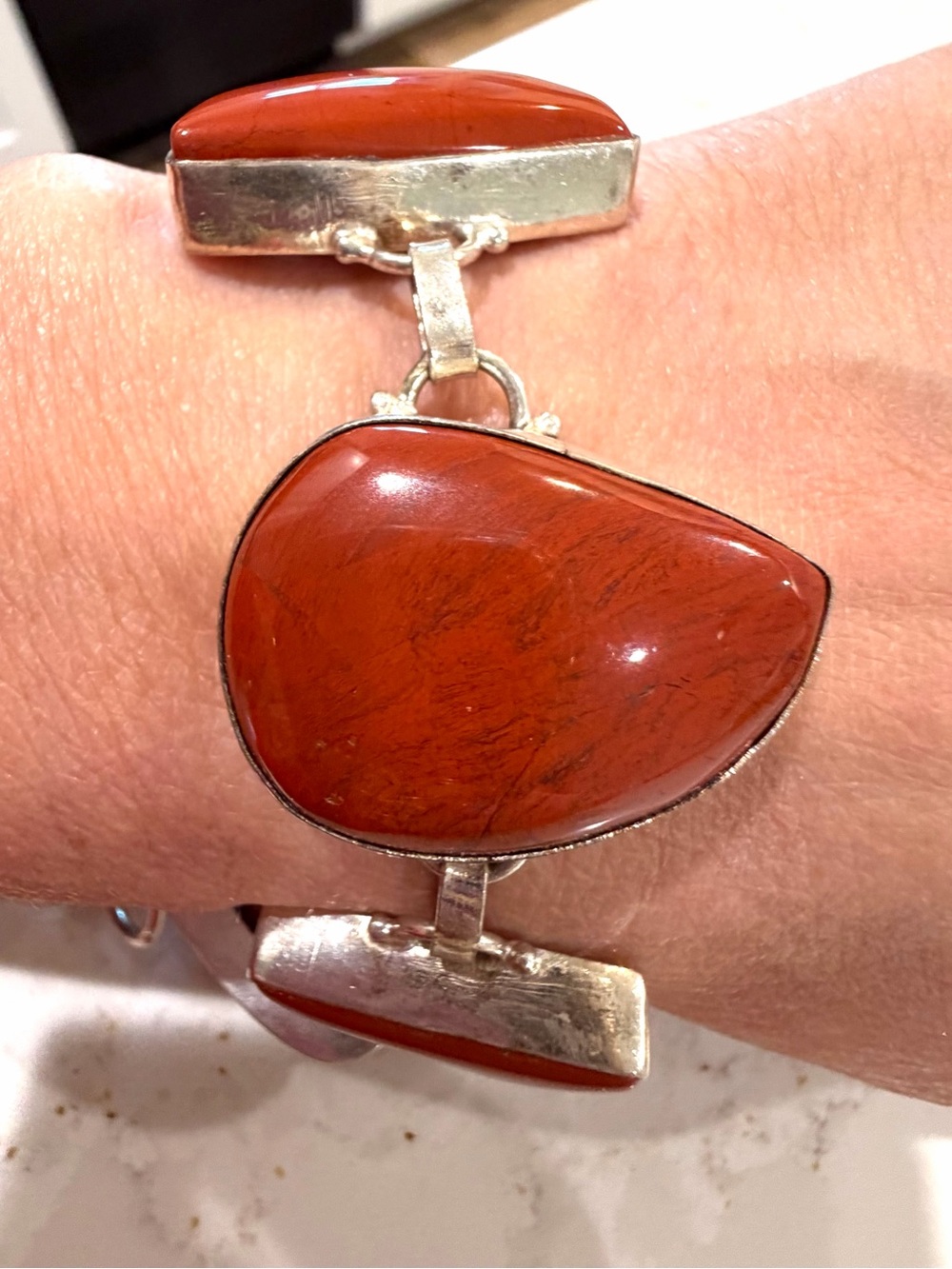 Vintage Sterling Silver Carnelian
Geometric Link Statement Bracelet